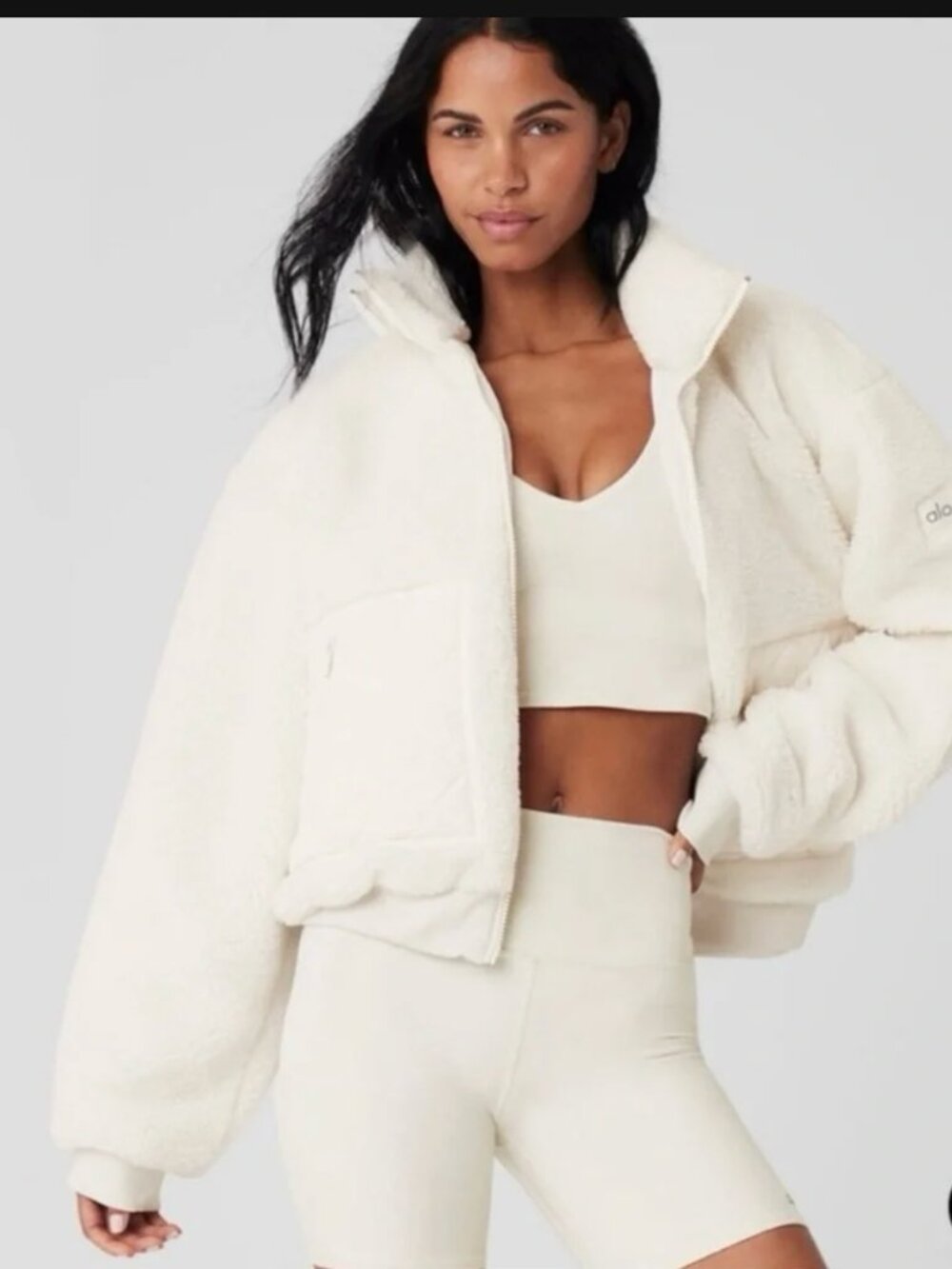 NWT Alo Yoga Sherpa Edge Bomber Jacket Ivory White Size Medium Cozy Fleece